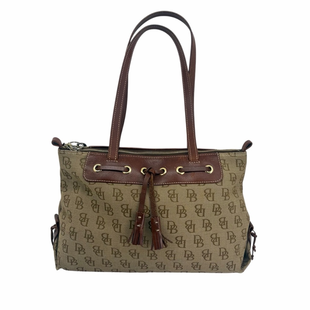 Dooney & Bourke DB Monogram Canvas Tote Bag Brown Leather Trim Shoulder Purse